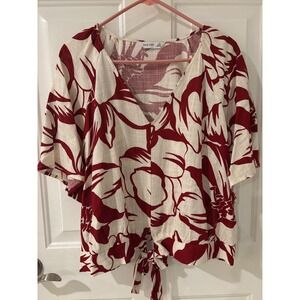 NINE WEST Womens Tie Front XL Red Floral V Neck Short Sleeve Linen Blend Boho